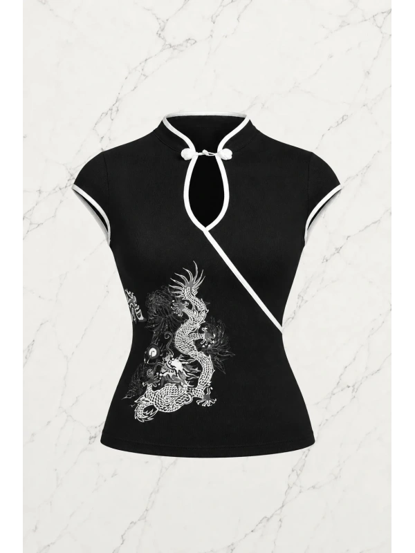 Siyah Japones Style Mandarin Yaka Ejderha Desenli Bluz Crop