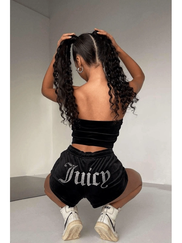 Siyah Juicy Taşlı Crush Kadife Şort Takım