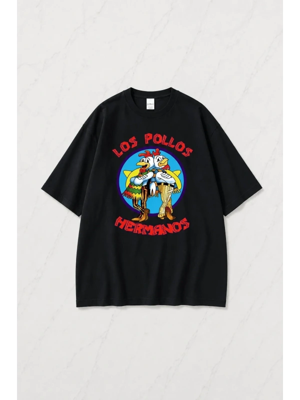 Siyah Los Pollos Baskılı Unisex Oversize T-shirt