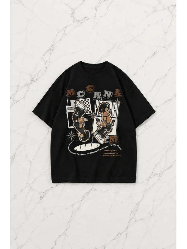 Siyah Mcana Baskılı Kısa Kol Oversize T-Shirt