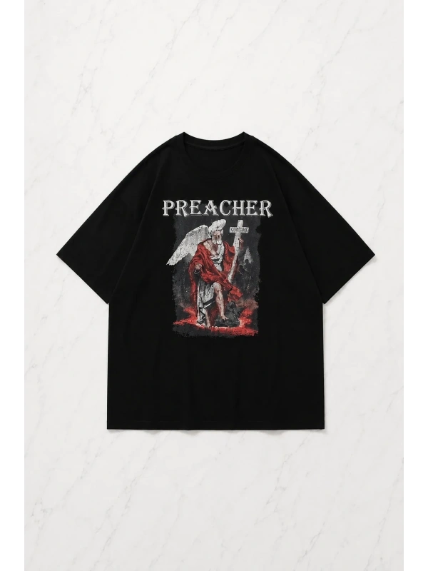 Siyah Preacher Baskılı Kısa Kol Oversize T-Shirt