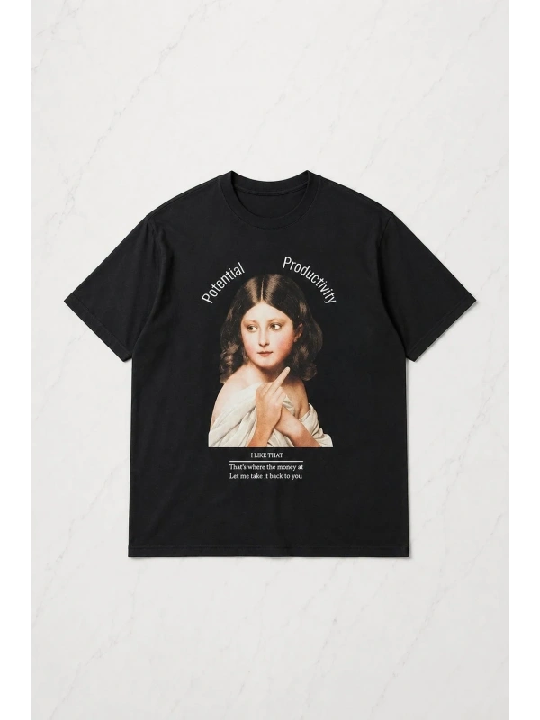 Siyah Rönesans Kız Baskılı Kısa Kol Oversize T-Shirt