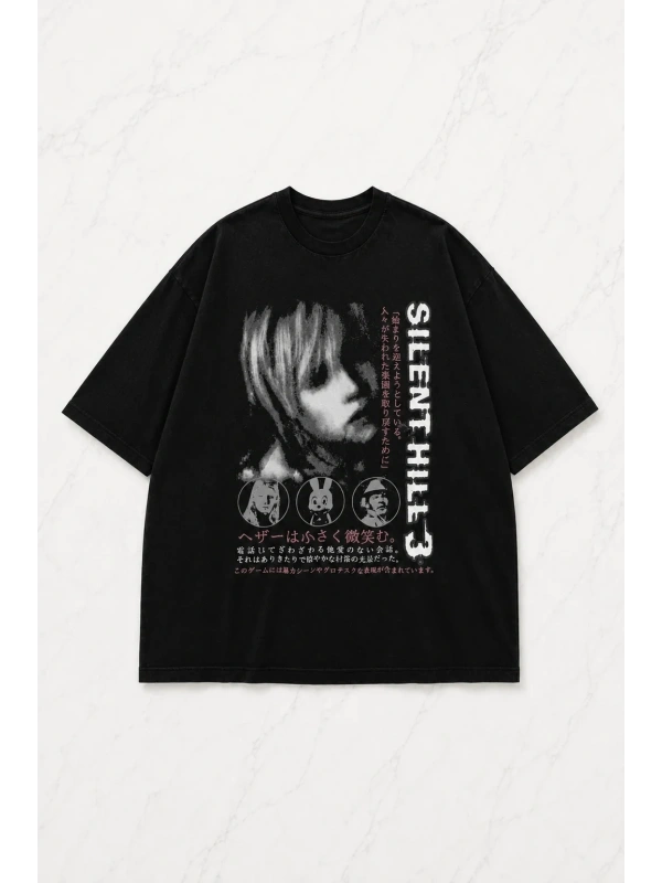 Siyah Sılent Hıll Baskılı Unisex Oversize T-shirt