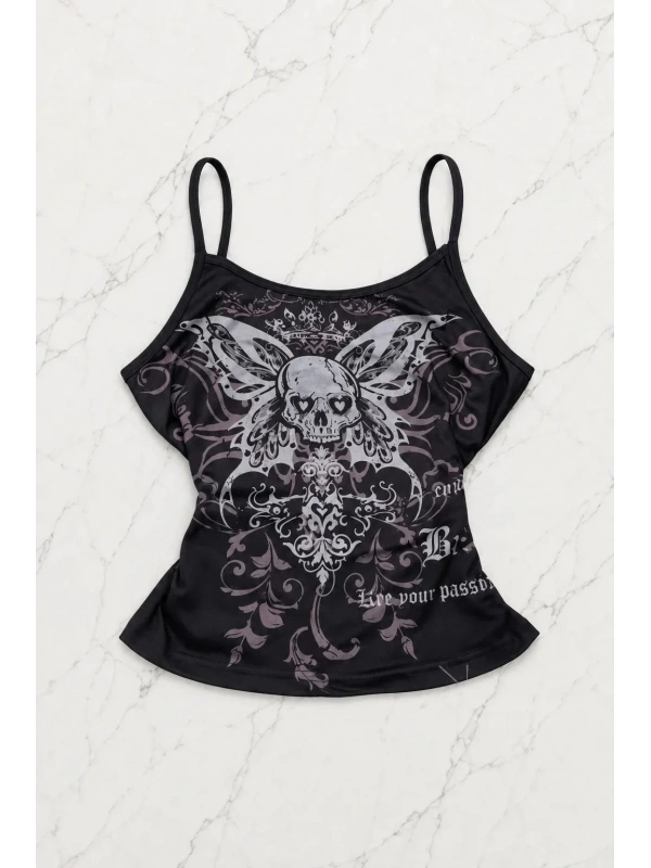 Siyah Skull Ambition Gotik Rose Y2K Askılı Crop