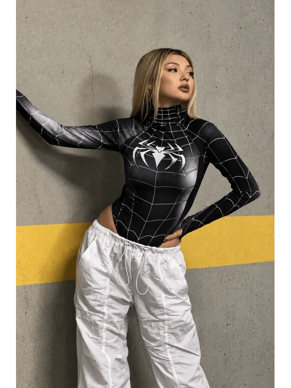 Siyah Spider Çıtçıtlı Uzun Kollu Body