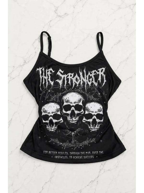 Siyah The Stronger Gotik Y2K Askılı Crop