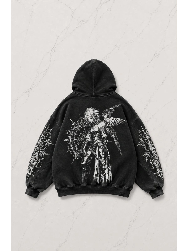 Siyah Thinking Angel Woman Gothic Kapüşonlu Sweatshirt