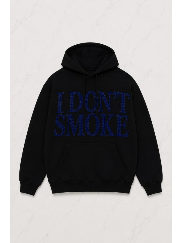 Siyah Unisex Oversize Mavi I Dont Smoke Parıltılı Taş Baskılı Sweatshirt