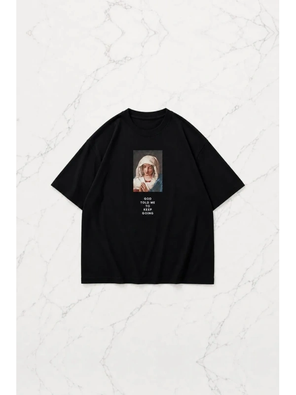 Siyah Virgin Mary Baskılı Kısa Kol Oversize T-Shirt