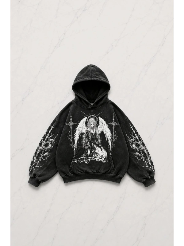 Siyah Winged Angel Gothic Kapüşonlu Sweatshirt