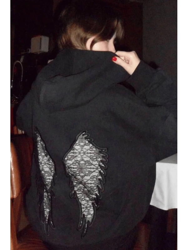 Siyah Wings Sırt Dantel Detaylı Oversize Sweatshirt