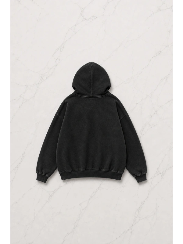 Siyah Yıkamalı Gothic Flame Laugh Kapüşonlu Sweatshirt