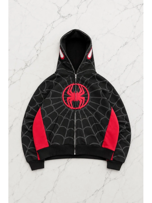 Spider Web Black Kabartma Baskılı Full Zip Hırka ( 3 İplik ) - Siyah