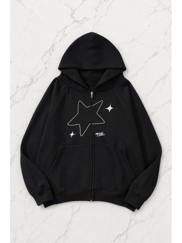 Star Galaxy Kapüşonlu Oversize Unisex Hırka - Siyah