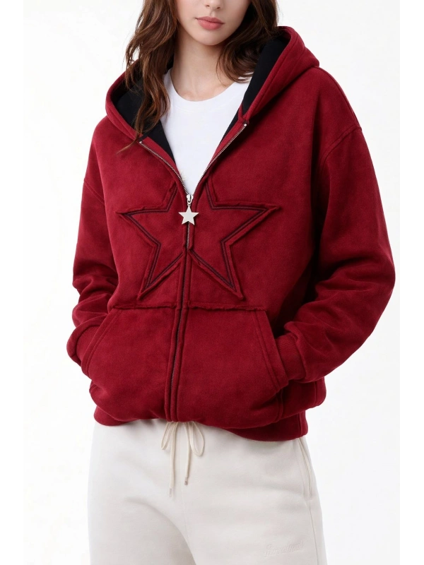 Star Washed  Unisex Oversize Zip Hoodie - Bordo