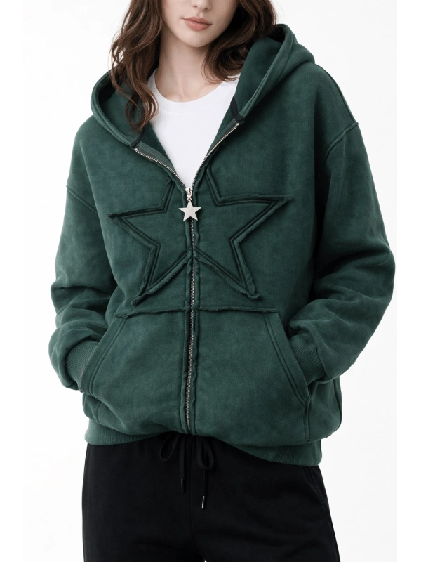Star Washed Unisex Oversize Zip Hoodie  - Yeşil