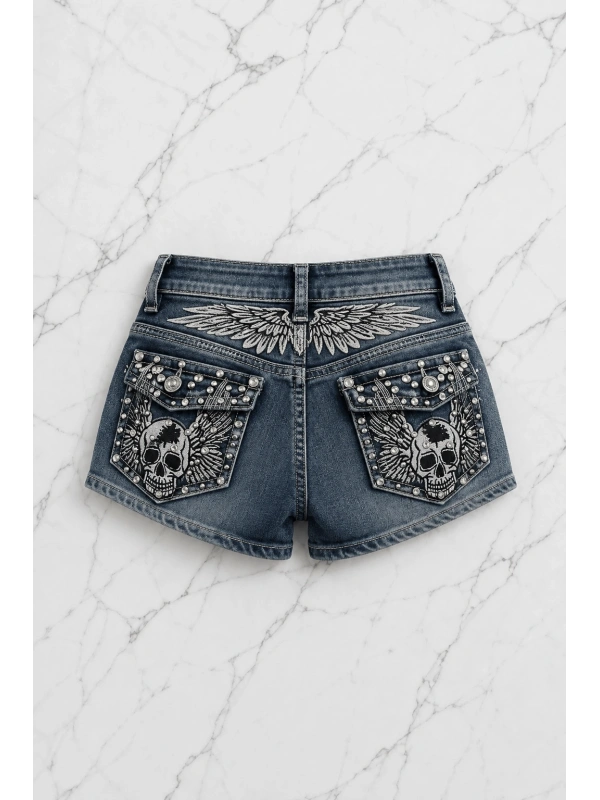 Taşlı Skull Wings Grunge Y2K Kot Mini Şort - Mavi