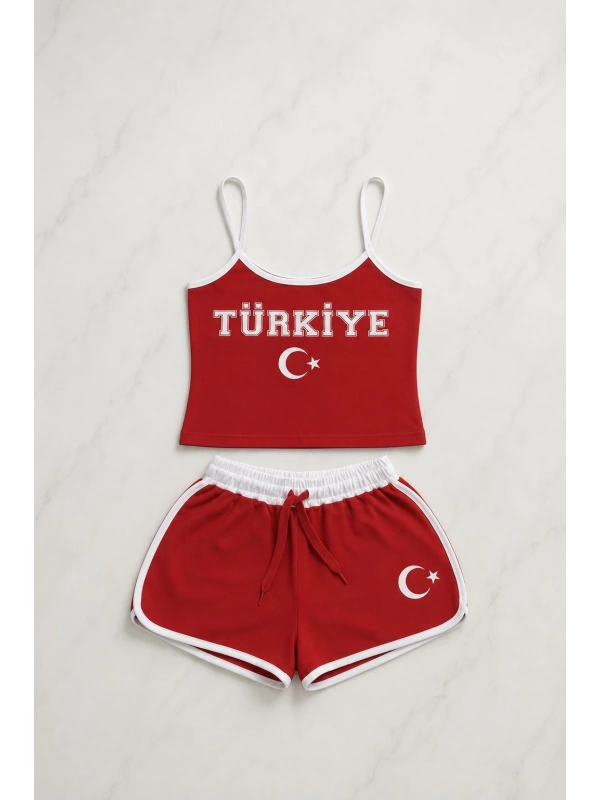 Türkiye Temalı Askılı Bluz Şort Takım