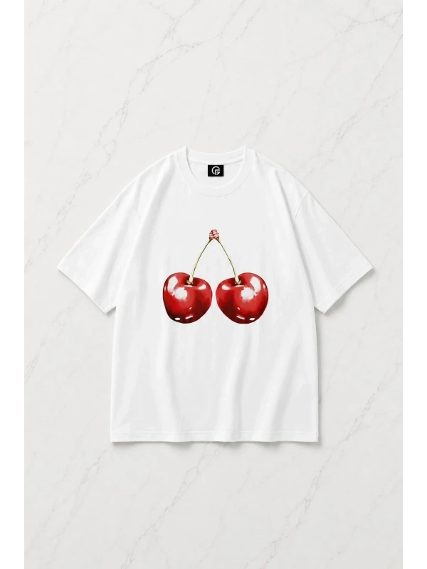 Unisex Cherry Tshirt Beyaz