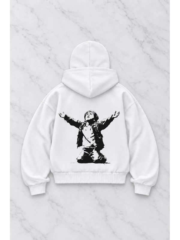 Unisex Kar Maskeli Redemption Baskılı Oversize Hırka - Beyaz