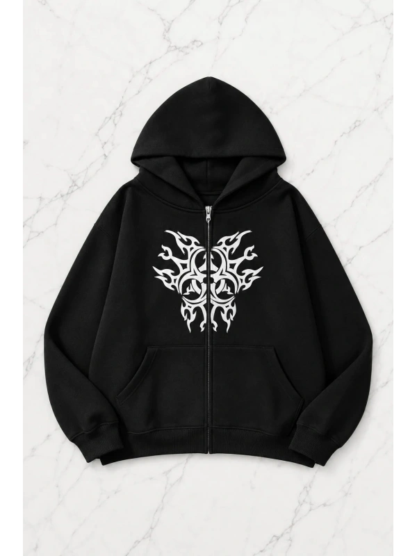 Virüs Crysis  Kapüşonlu Oversize Unisex Hırka - Siyah