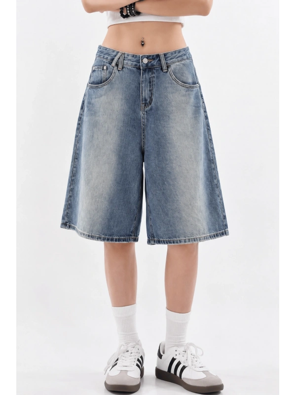 Y2k Trend Baggy Jean Şort Bermuda - Mavi