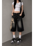Balık İskeleti Baggy Denim Şort - Siyah