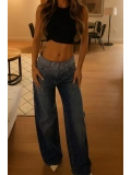 Diamond Taşlı Wide Leg Jean Pantolon - Mavi