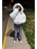 Juicy Peluş Kapüşonlu Şişme Crop Mont - Beyaz