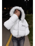 Juicy Peluş Kapüşonlu Şişme Crop Mont - Beyaz