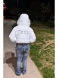 Juicy Peluş Kapüşonlu Şişme Crop Mont - Beyaz