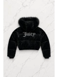 Juicy Peluş Kapüşonlu Şişme Crop Mont - Siyah