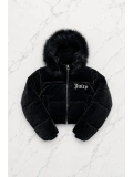 Juicy Peluş Kapüşonlu Şişme Crop Mont - Siyah