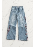Night Blossom Nakışlı Wide Leg Jean - Mavi