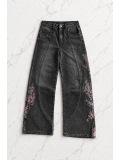 Night Blossom Nakışlı Wide Leg Jean - Siyah
