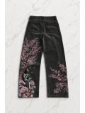 Night Blossom Nakışlı Wide Leg Jean - Siyah
