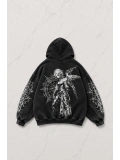 Siyah Thinking Angel Woman Gothic Kapüşonlu Sweatshirt
