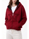 Star Washed  Unisex Oversize Zip Hoodie - Bordo