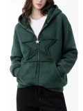 Star Washed Unisex Oversize Zip Hoodie  - Yeşil