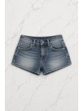 Taşlı Skull Wings Grunge Y2K Kot Mini Şort - Mavi