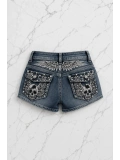 Taşlı Skull Wings Grunge Y2K Kot Mini Şort - Mavi