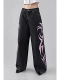 Tribal Desenli Pembe Yıkamalı Jean - Siyah
