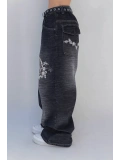 Yıkamalı P Patchli Vintage Baggy Y2K Pantolon - Siyah
