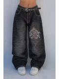Yıkamalı P Patchli Vintage Baggy Y2K Pantolon - Siyah