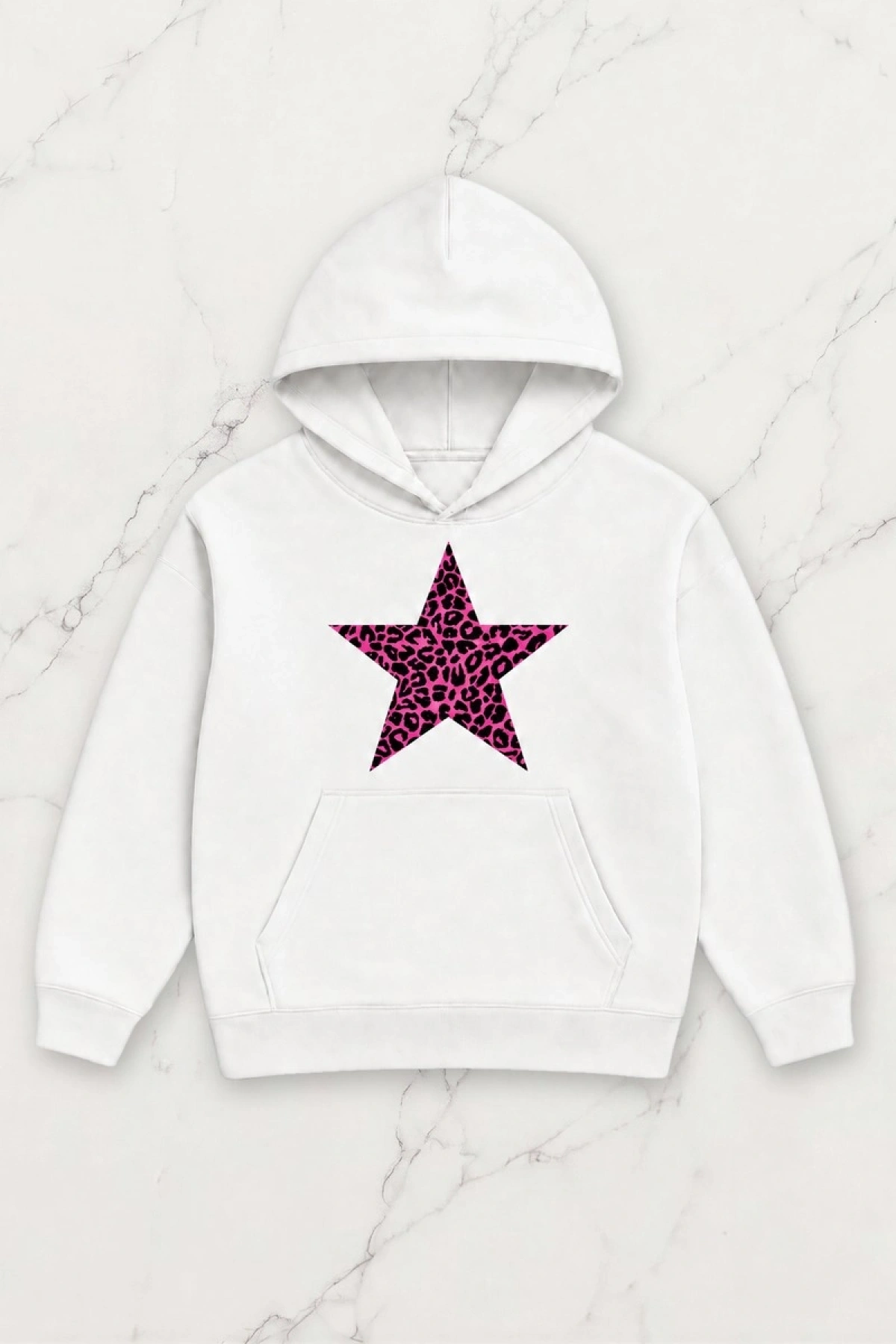 Leopard Star Oversize Kapüşonlu Sweatshirt - Beyaz