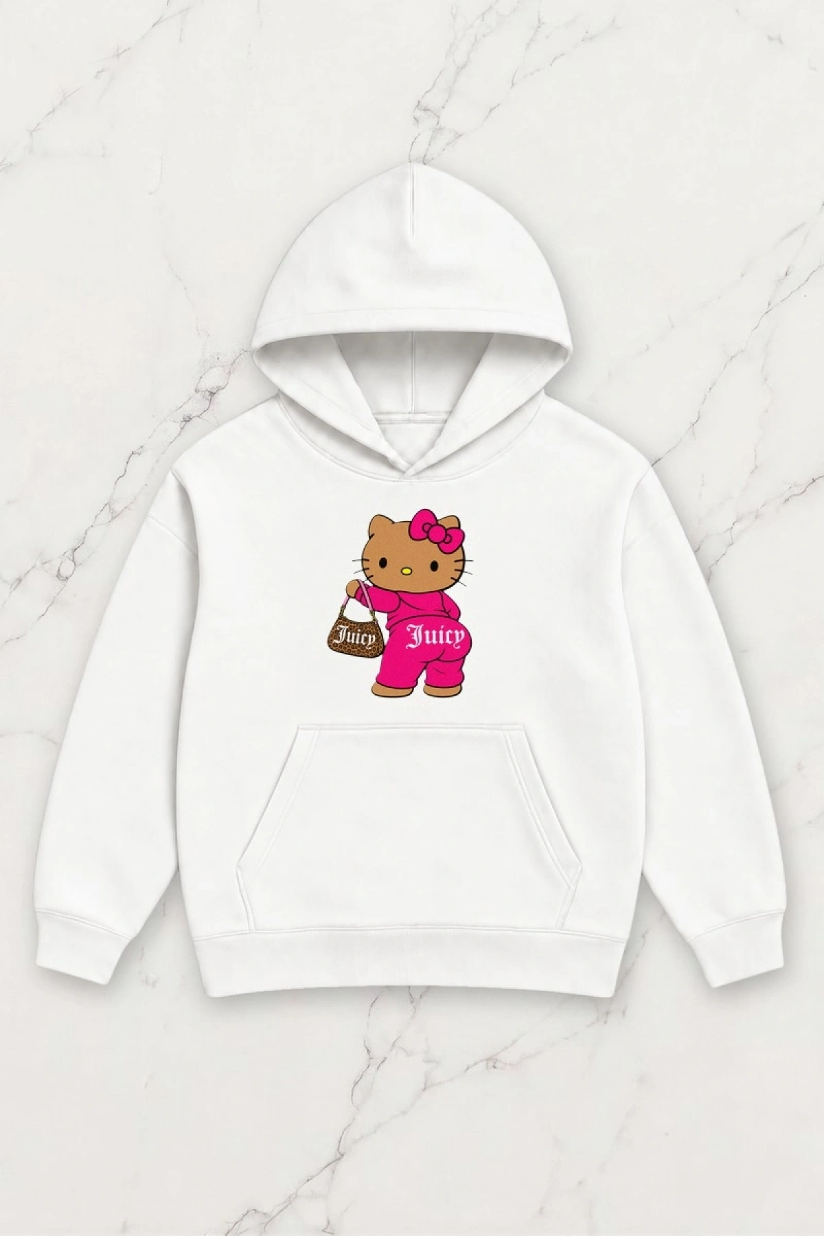 Pink Kitty Oversize Kapüşonlu Sweatshirt - Beyaz