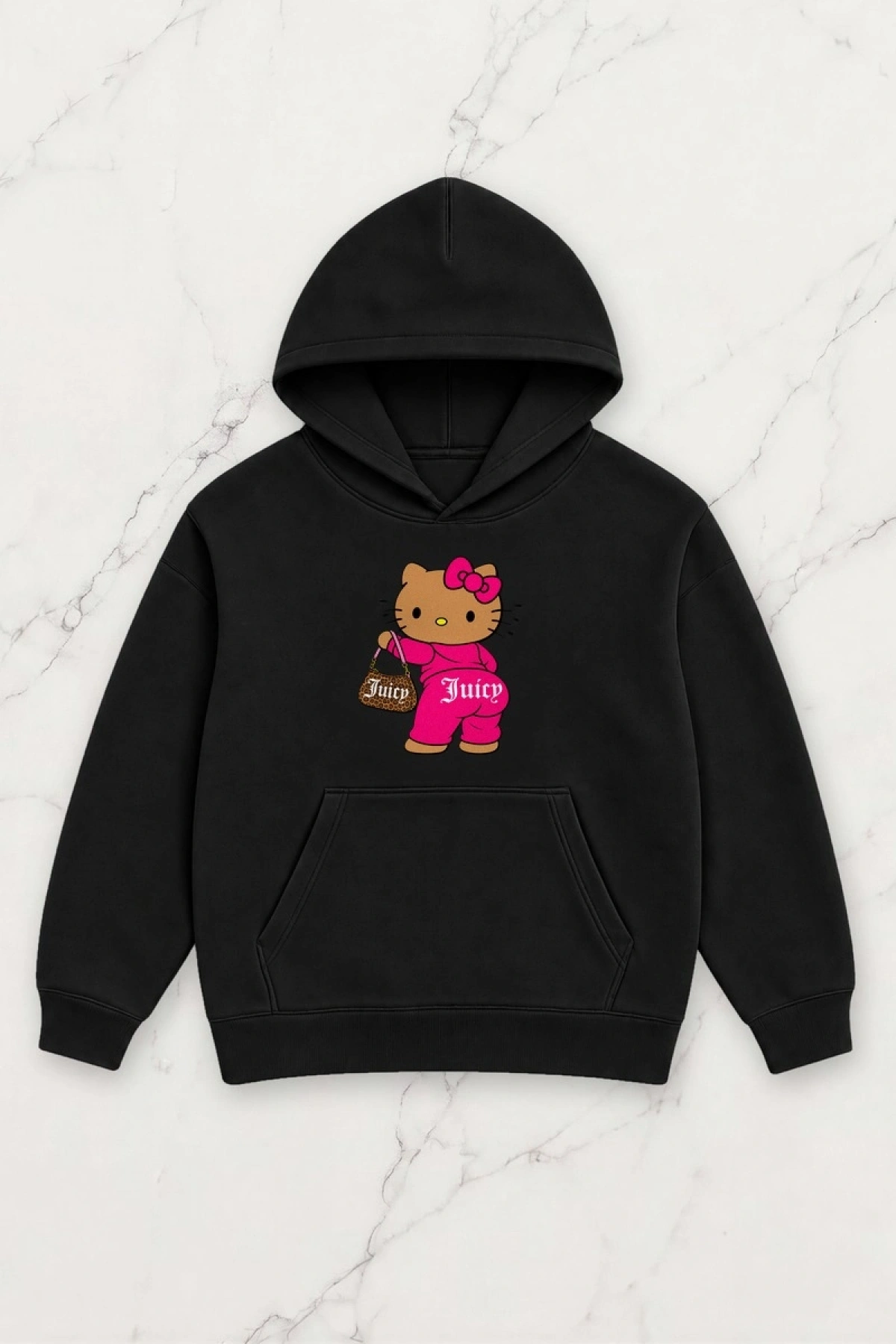 Pink Kitty Oversize Kapüşonlu Sweatshirt - Siyah
