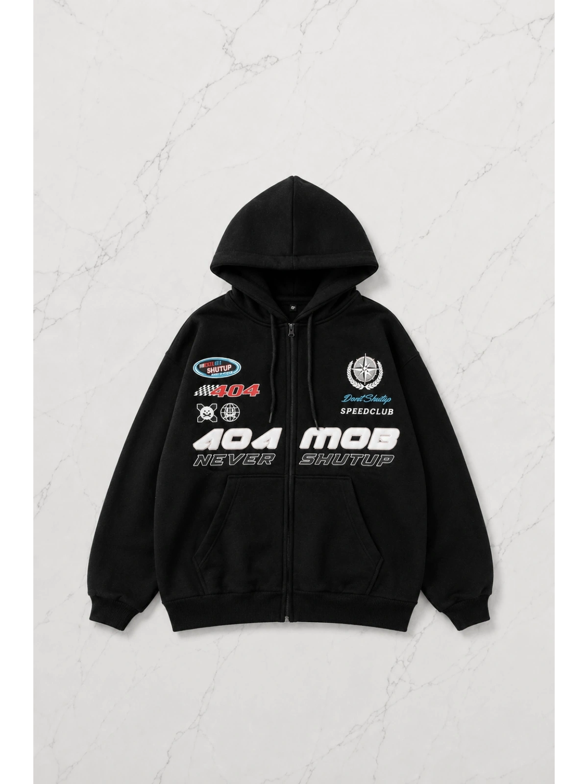 AOAMOB Logo Baskılı Oversize Unisex Fermuarlı Siyah Hoodie
