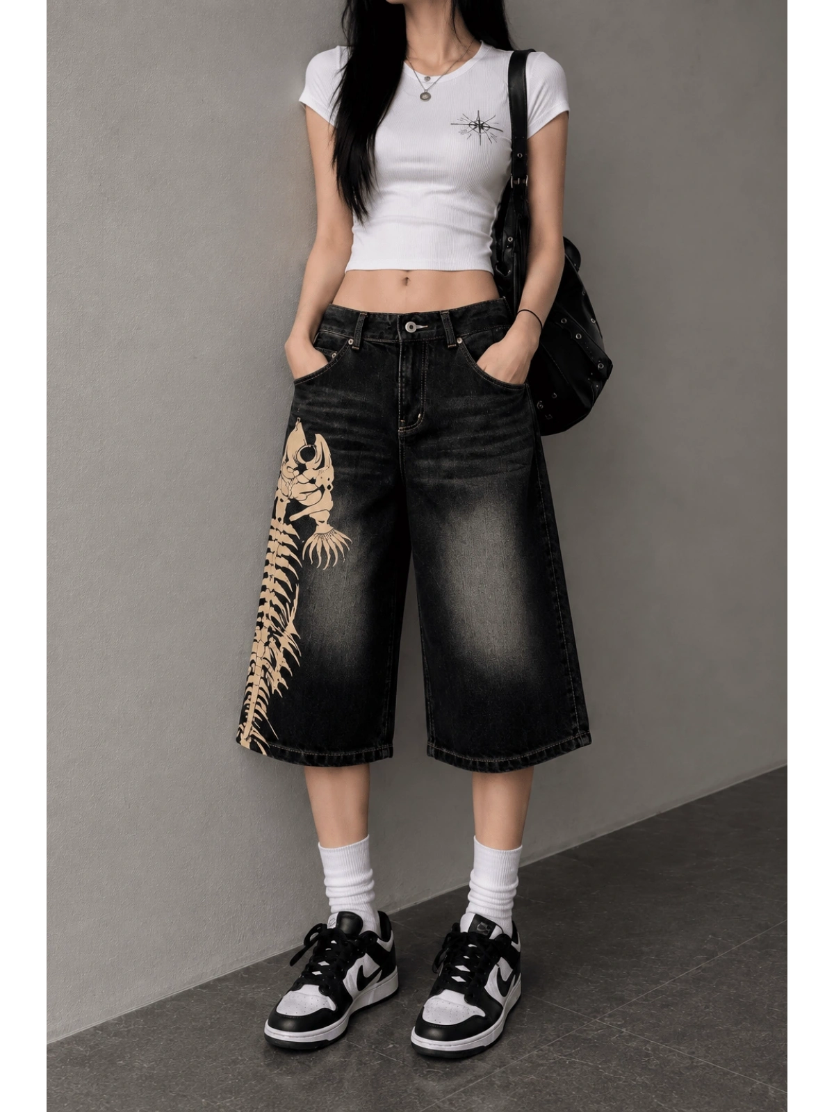Balık İskeleti Baggy Denim Şort - Siyah