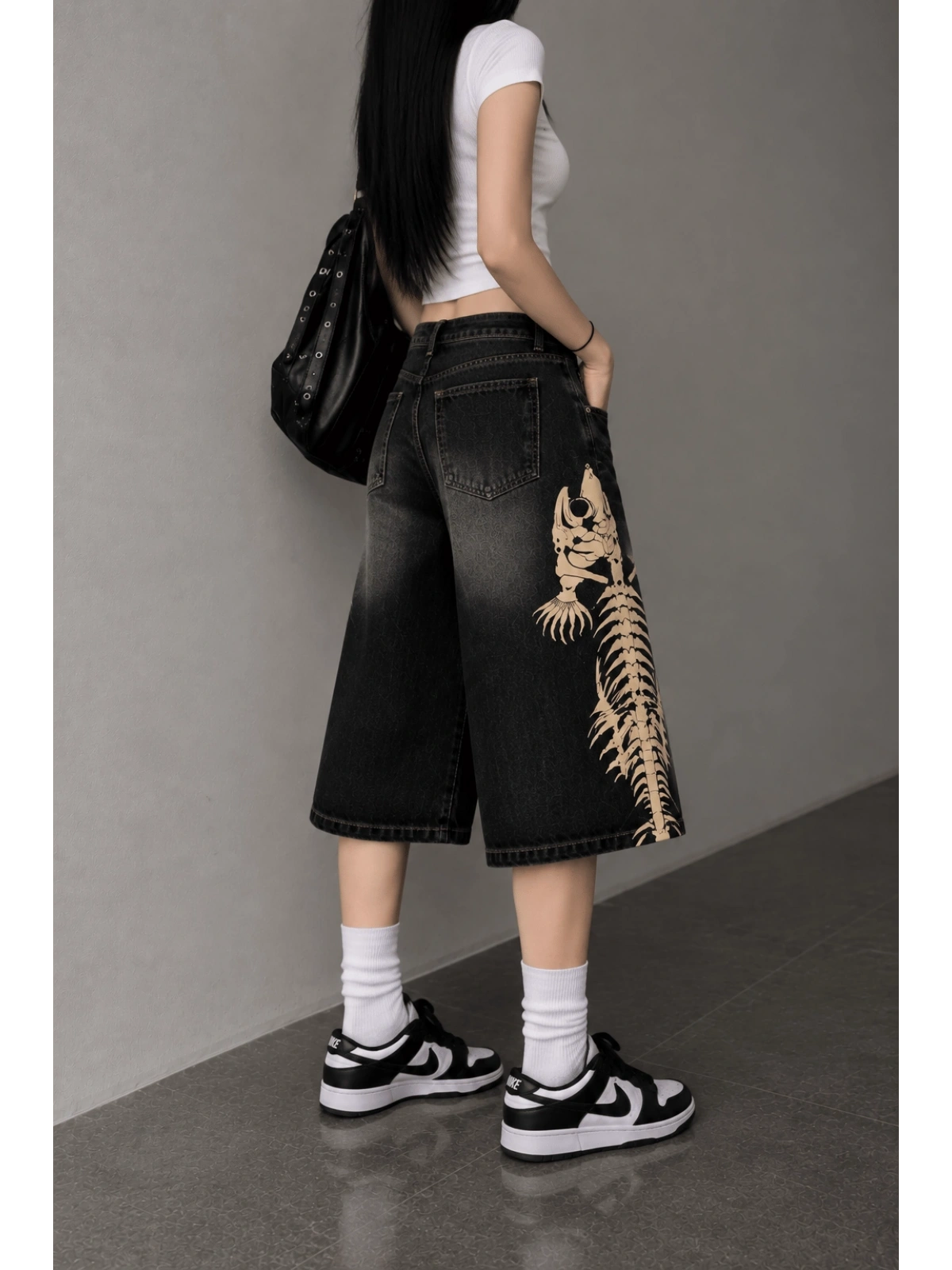 Balık İskeleti Baggy Denim Şort - Siyah